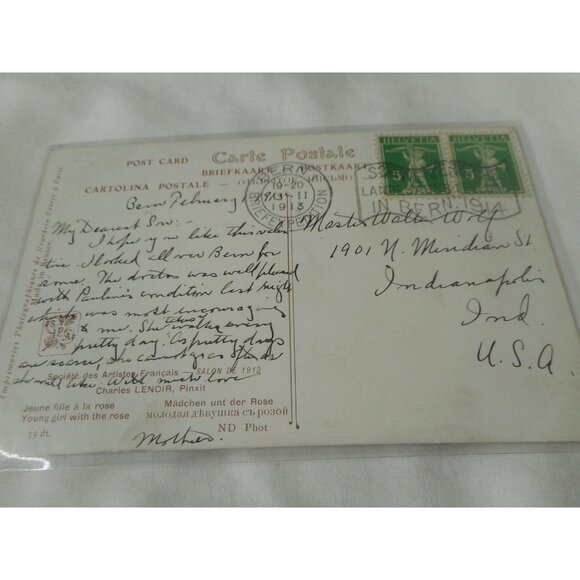 Vintage Postcard 1913 posted w/ stamp Bern Switzerland Young girl with rose - Picture 2 of 3